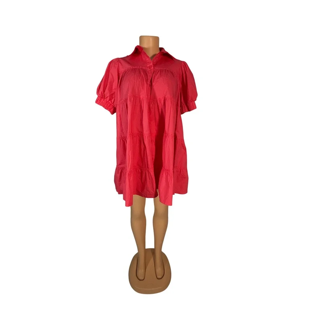 Peixoto Tiered Babydoll Dress Kids Large‎ Pink New Puff Sleeve Button Front